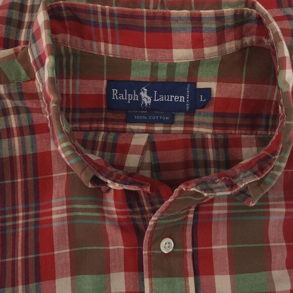 Polo Ralph Lauren PONY Mens L Shirt L/S Button Up Red Green Plaid Cotton Blue Lg - Picture 8 of 9
